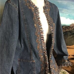Ruby Rd size 14 adorable denim southwest fringed jacket